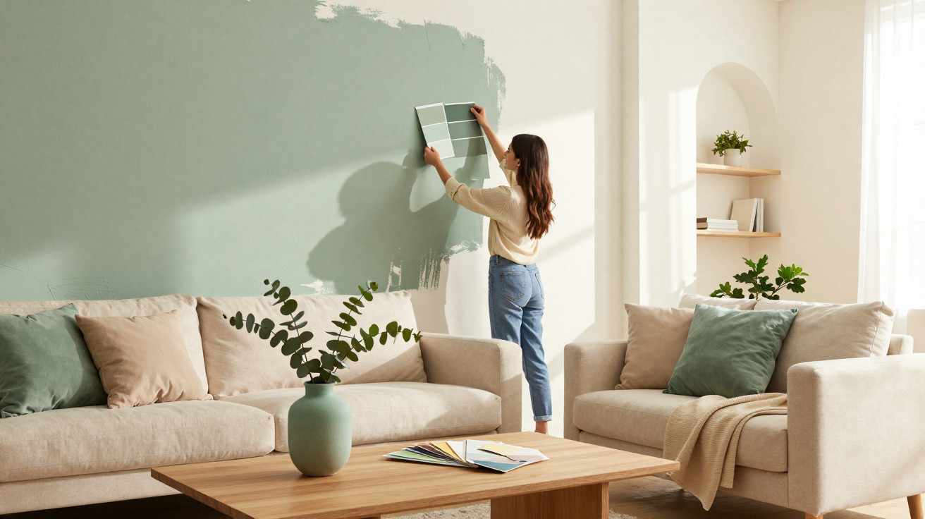 Frau vergleicht Farbproben an frisch gestrichener grüner Wand in hellem, modern eingerichteten Wohnzimmer.