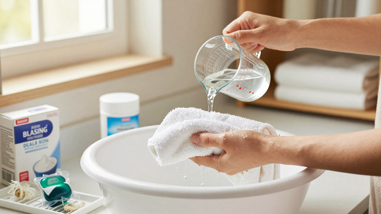 Hände gießen Wasser aus einem Messbecher auf ein weißes Handtuch über einer weißen Schüssel in einem Badezimmer.