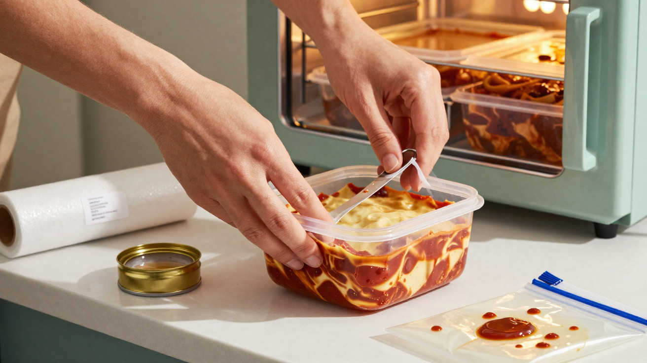 Hände öffnen gefrorenen Lebensmittelbehälter mit Lasagne vor kleinem Ofen in Küche.