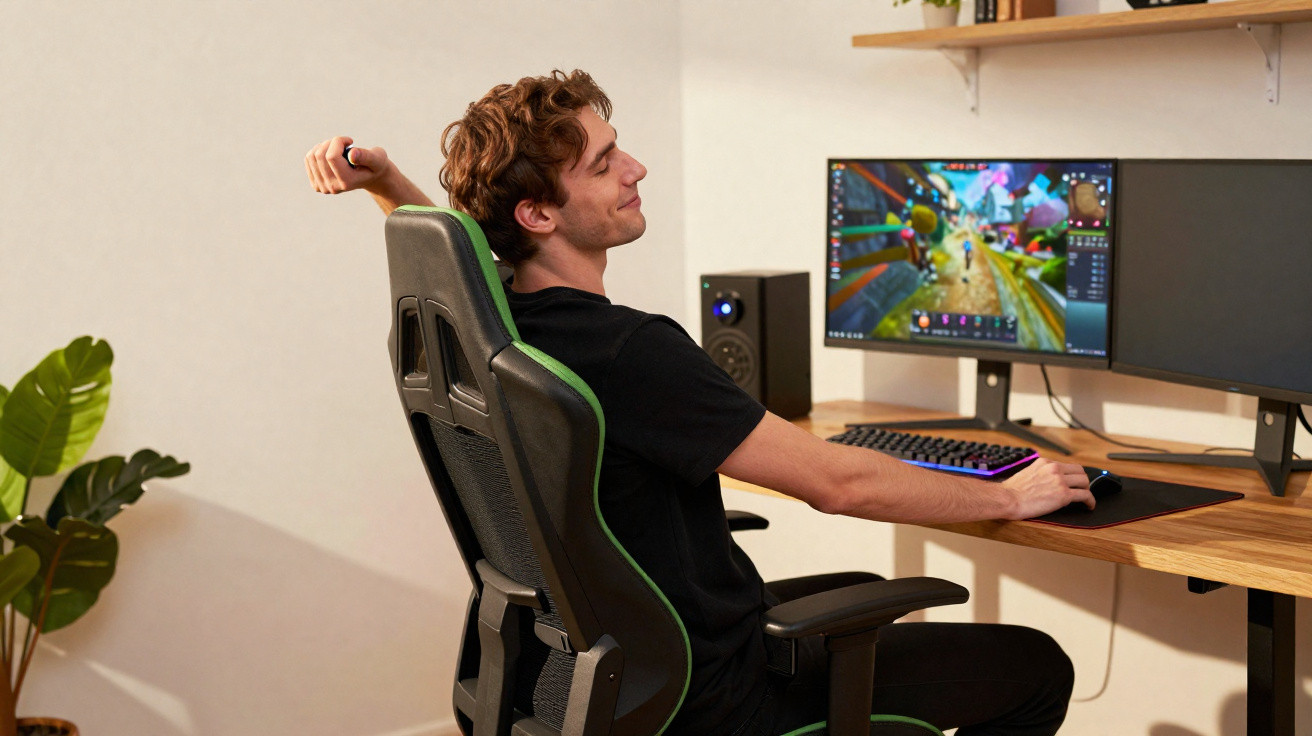 Junger Mann sitzt am Schreibtisch und spielt auf einem Gaming-PC mit zwei Bildschirmen, er streckt sich.