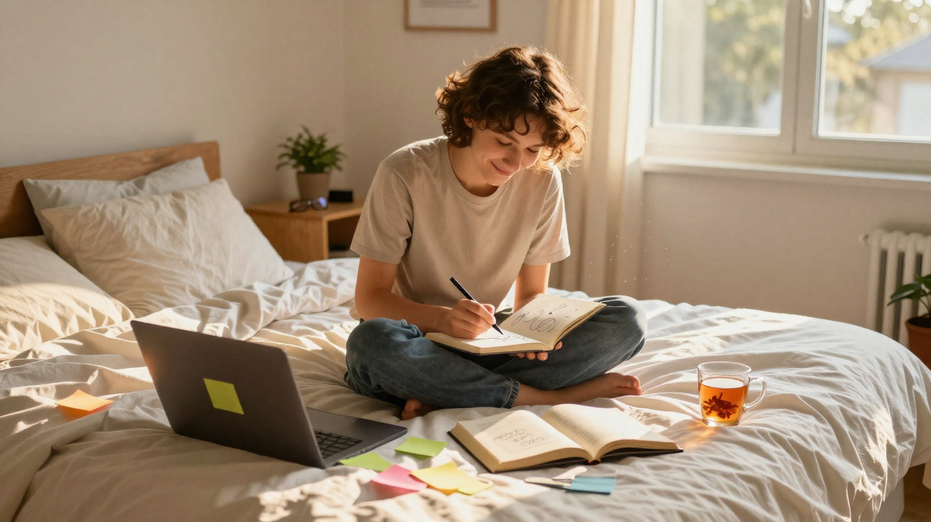 Frau sitzt entspannt auf dem Bett, schreibt in ein Notizbuch, neben ihr Laptop, Tee und Bücher.