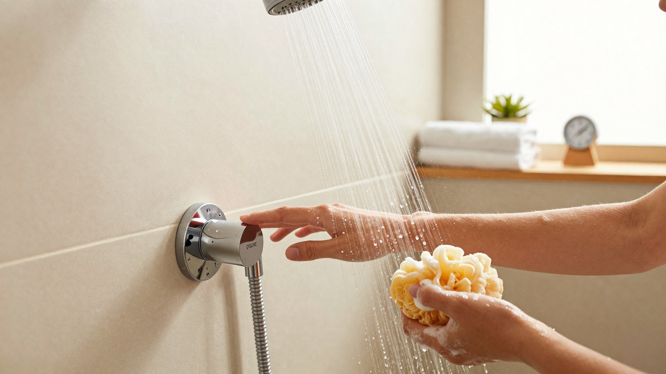 Hand bedient Duscharmatur, andere Hand hält Duschschwamm unter fließendem Wasser in Badezimmer.
