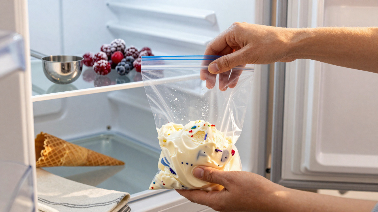 Hand legt eine gefrierfertige Tüte mit Eiscreme und Streuseln in einen Kühlschrank mit Früchten und Eistüte.