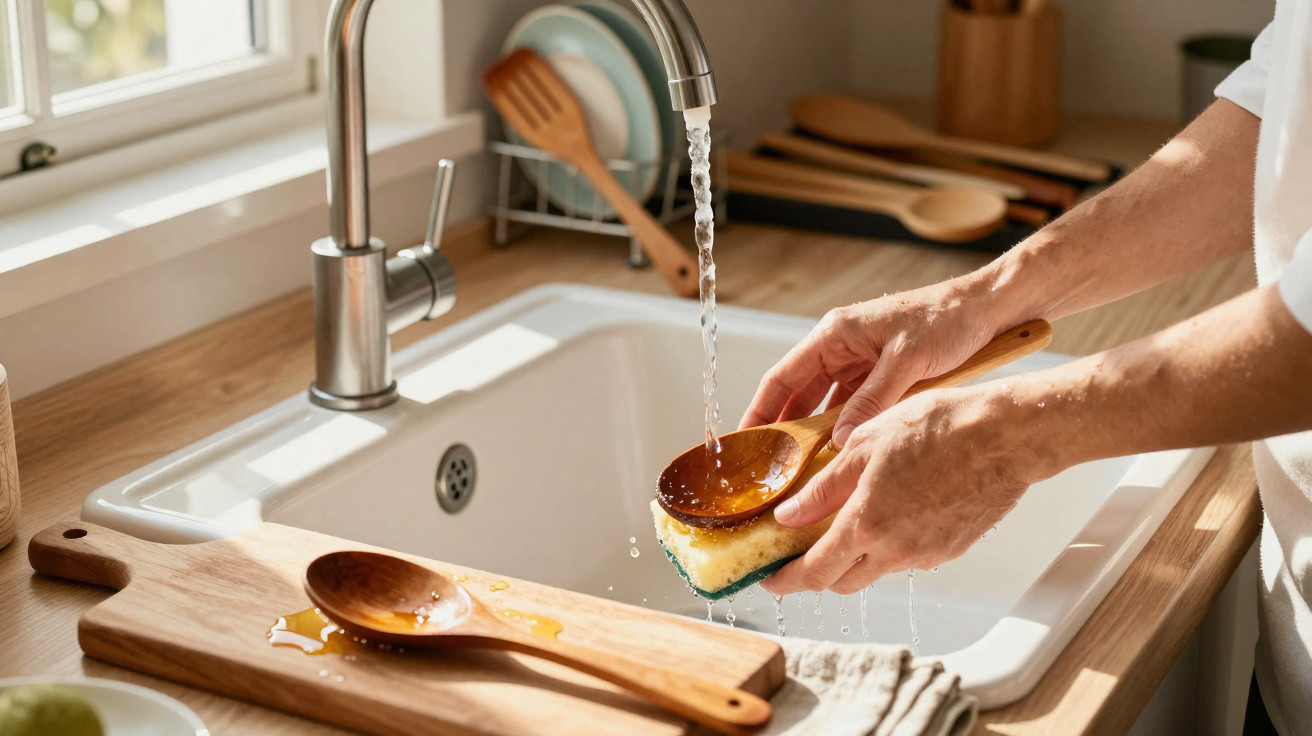Person spült Holzlöffel unter laufendem Wasser im Küchenspülbecken.
