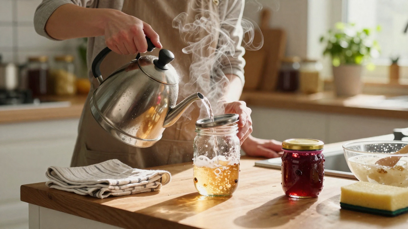 Person gießt heißen Wasser mit Wasserkessel in ein Glas auf einem Küchentisch mit Marmeladenglas und Schwamm.
