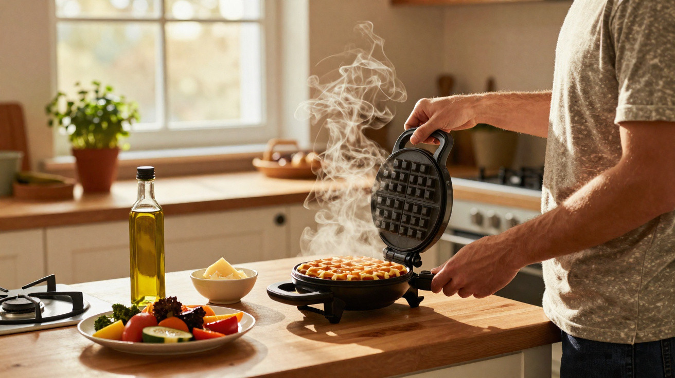 Mann entnimmt frisch gebackene Waffel aus Waffeleisen in heller Küche mit Dampf.
