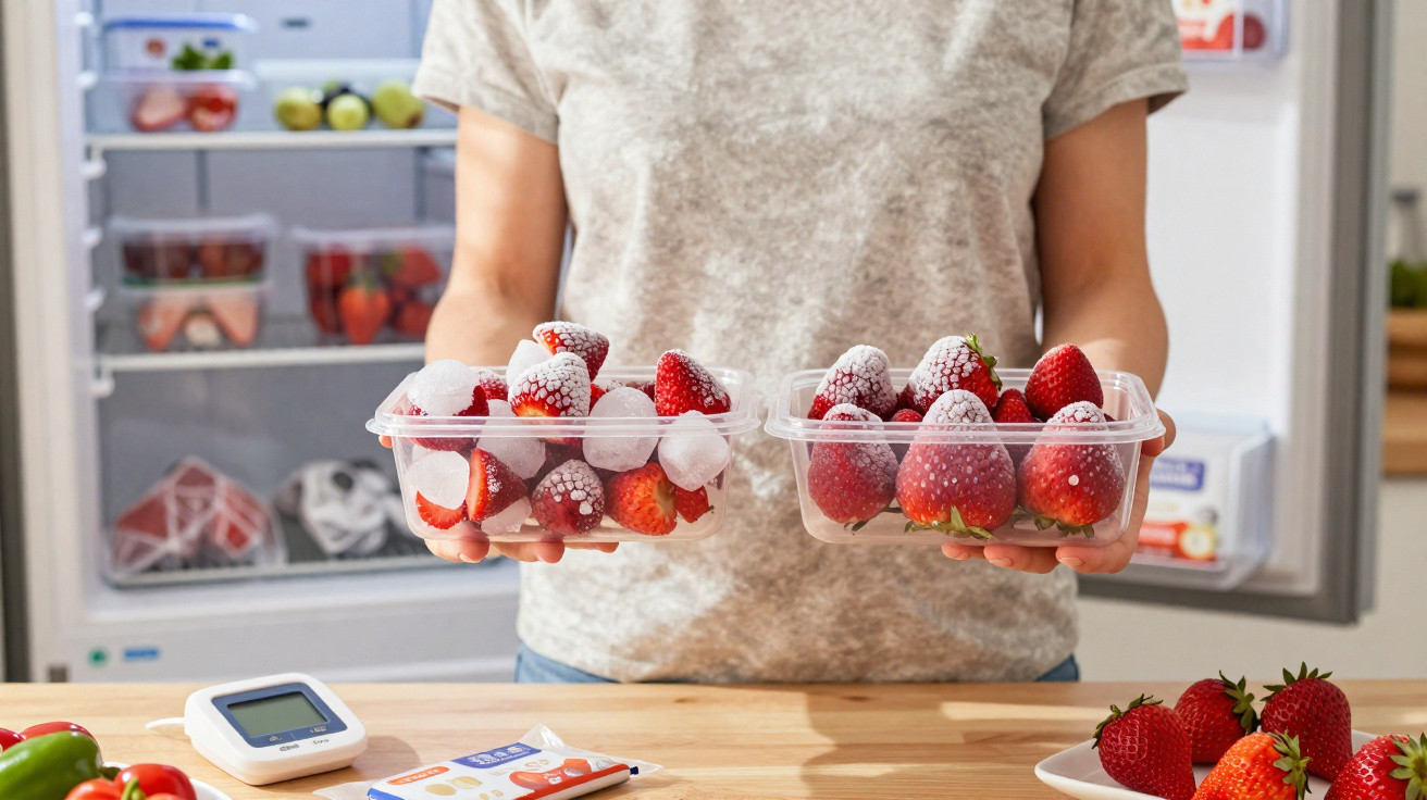 Person hält zwei Plastikbehälter mit gefrorenen Erdbeeren vor geöffnetem Kühlschrank.