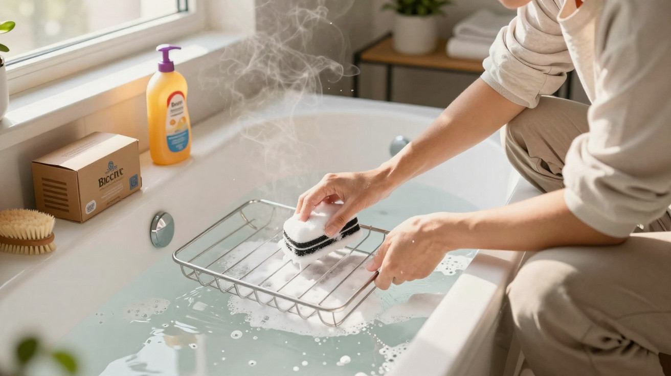 Person reinigt mit Schwamm ein Badewannengestell über einer gefüllten Badewanne mit Wasserdampf am Fenster.