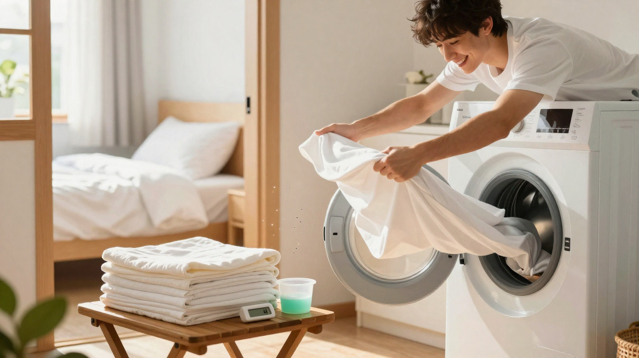 Junger Mann lädt weiße Wäsche aus Waschmaschine in hellem Schlafzimmer mit Stapel sauberer Handtücher.