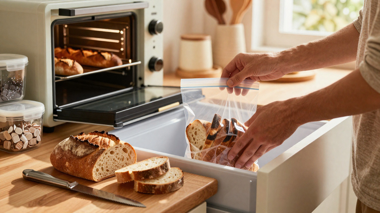Person legt getoastete Brotscheiben in einen Gefrierbeutel in einer modernen Küche neben einem Toaster.