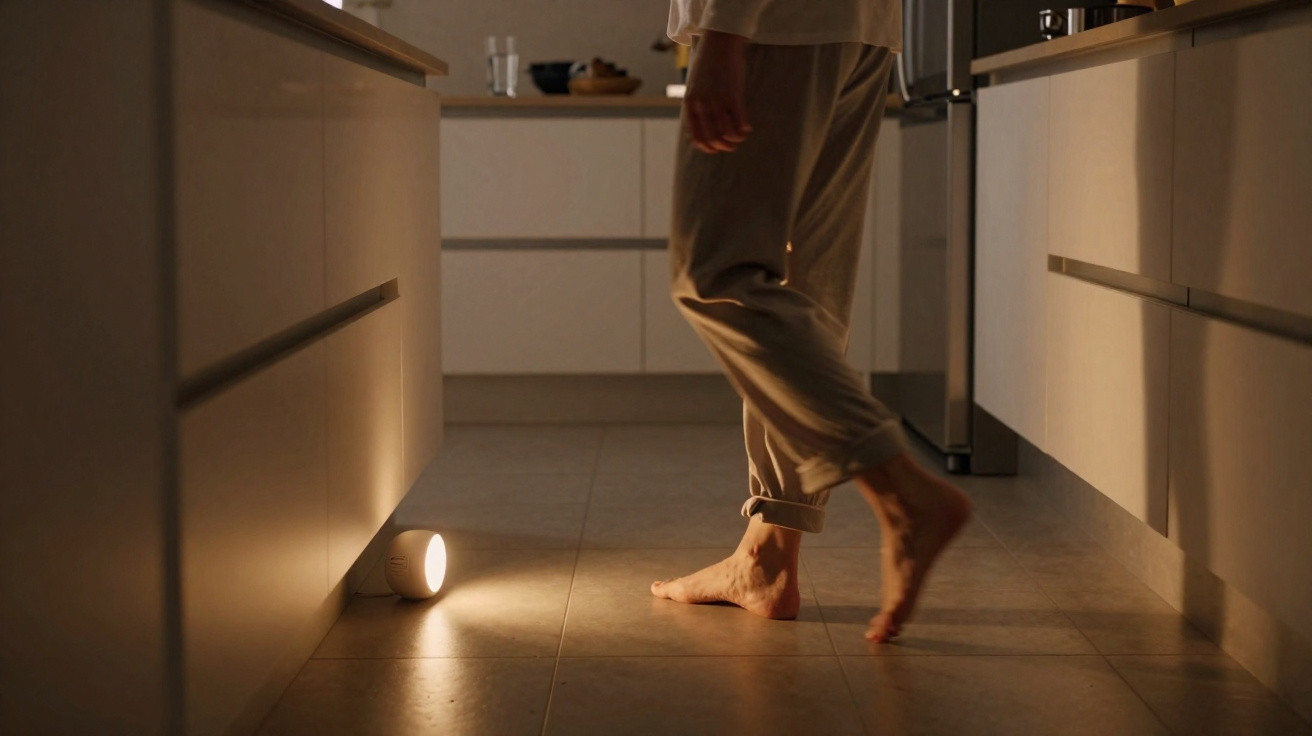 Barfüßige Person in heller Hose geht über beleuchteten Küchenboden mit kleinem Bodenlicht.