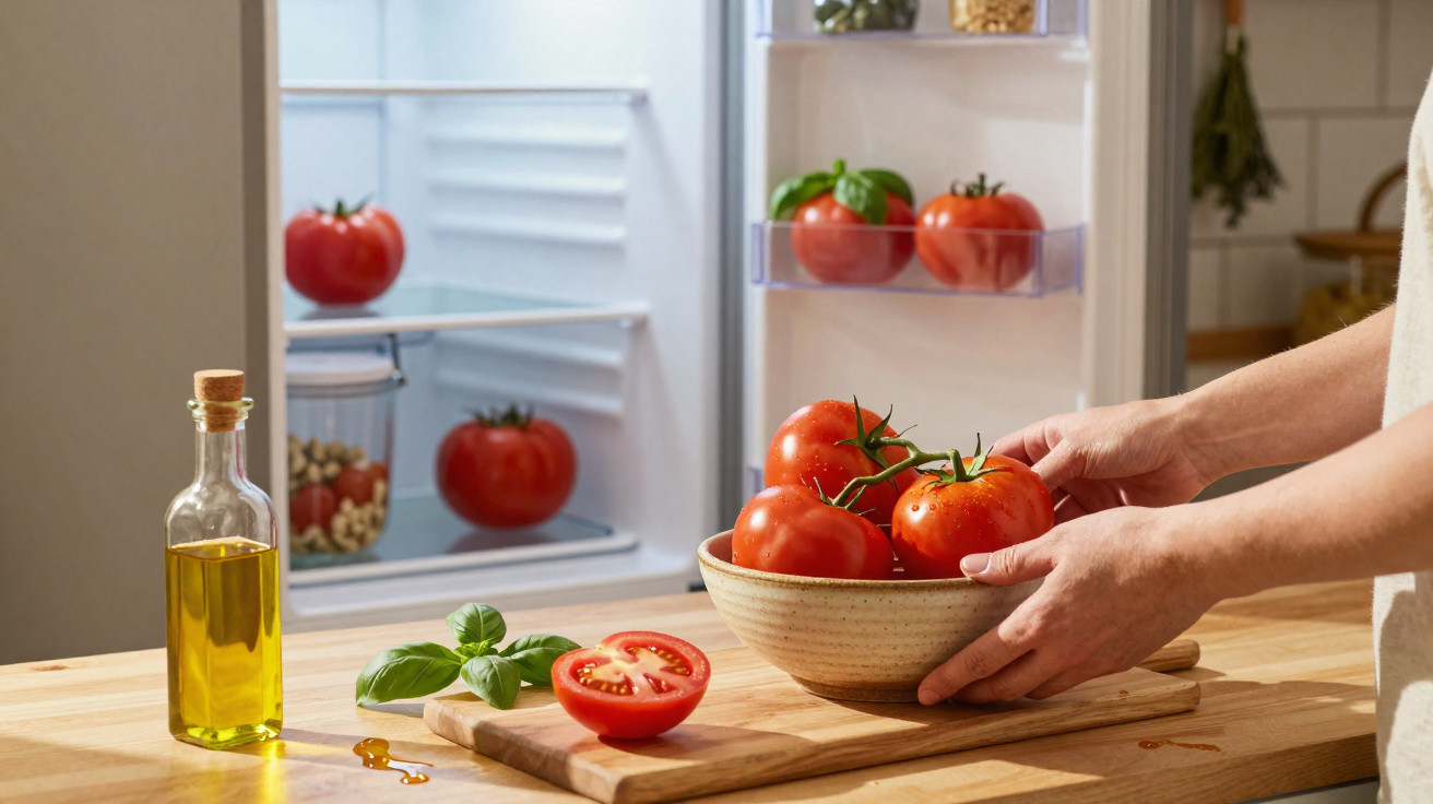 Person legt eine Schüssel mit frischen Tomaten vor offenem Kühlschrank auf Holztisch mit Ölflasche und Basilikum.