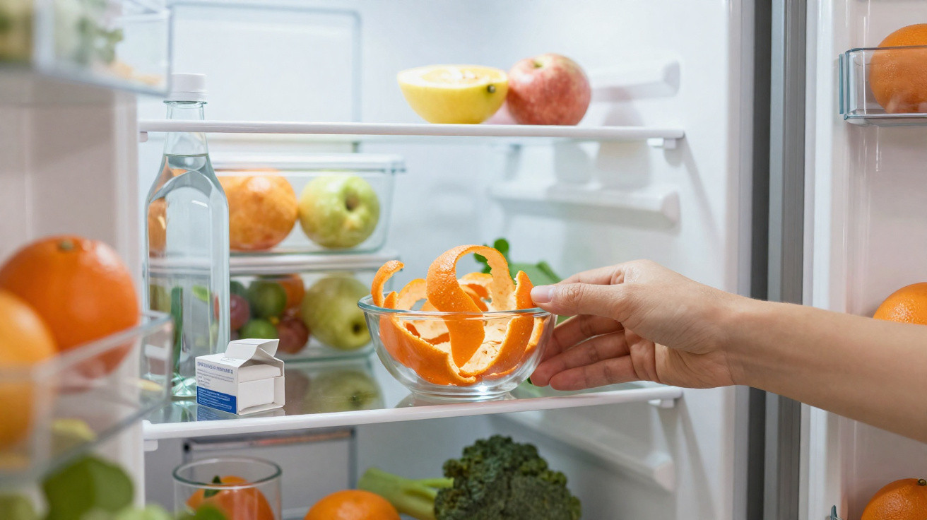 Hand legt Glasschale mit Orangenschalen in Kühlschrank voller Obst und Gemüse.