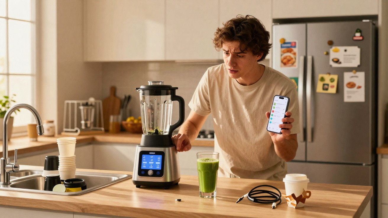 Junger Mann bedient Standmixer in moderner Küche und zeigt Smartphone mit App an.