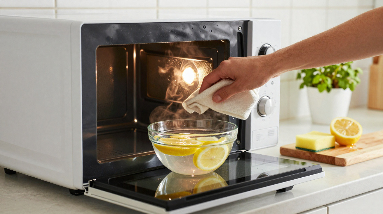 Hand wischt Mikrowellentür mit Tuch ab, dampfende Schüssel mit Zitronenscheiben steht auf geöffneter Mikrowelle.