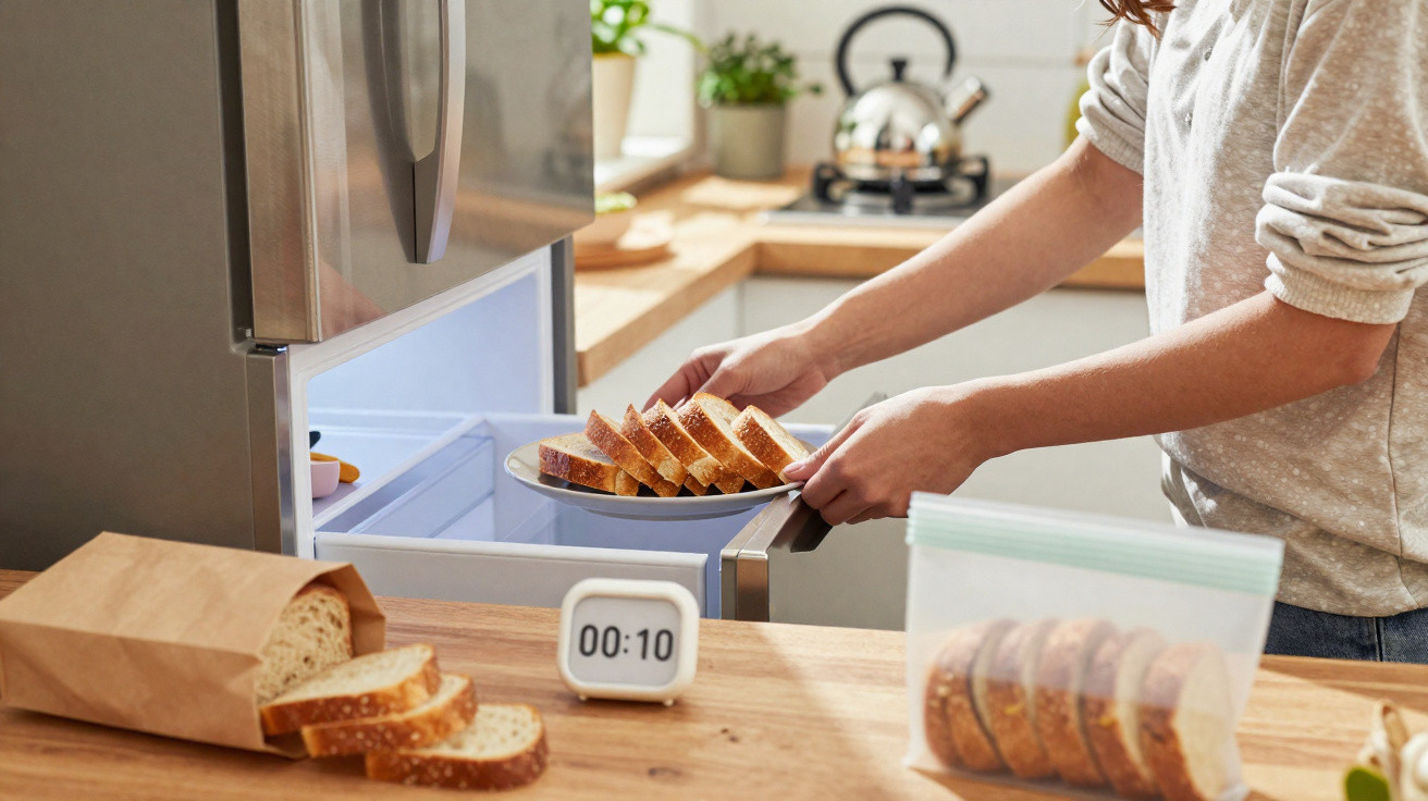Person legt einen teller mit Brotscheiben in einen offenen Gefrierschrank in der Küche.