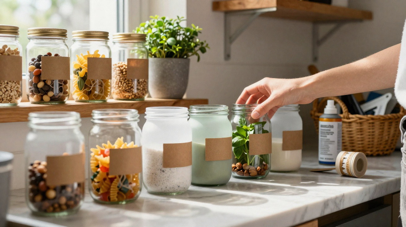 Hand greift nach einem beschrifteten Einmachglas auf einer Arbeitsplatte mit weiteren Gläsern und Pflanzen im Hintergrund.