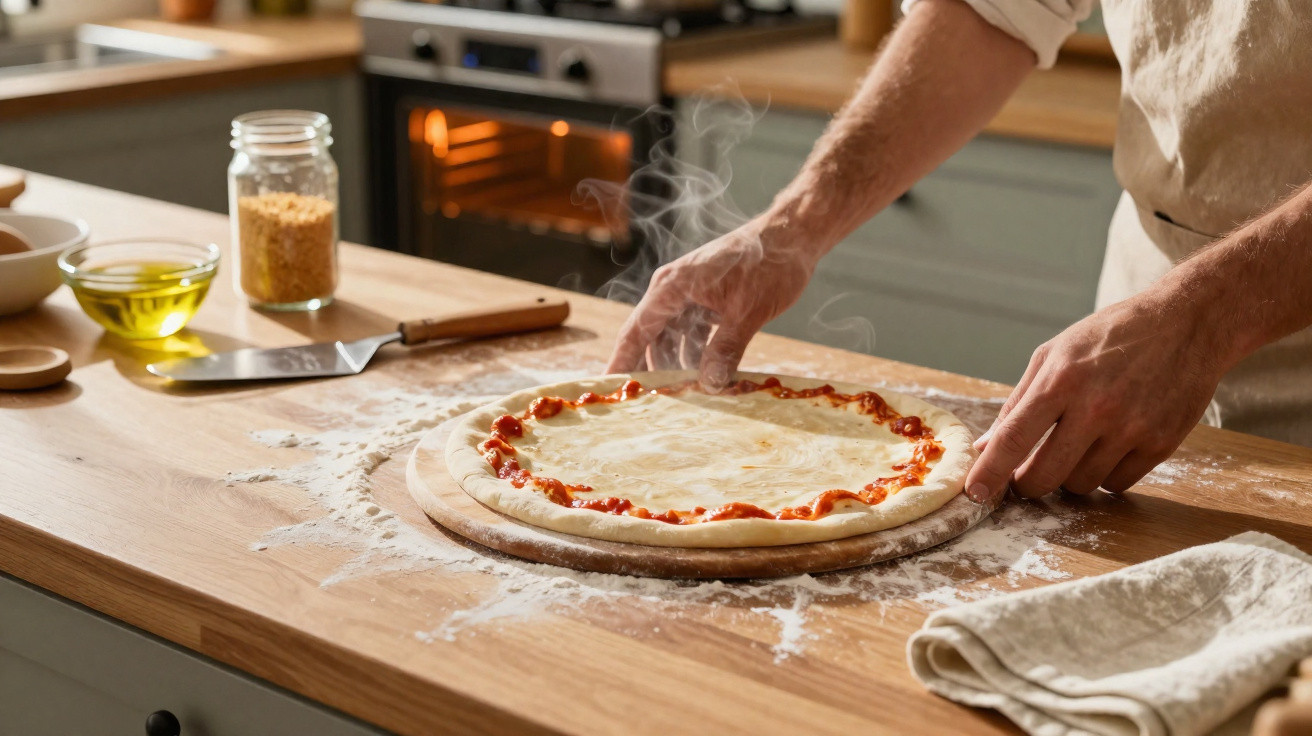 Person formt frischen Pizzateig mit Tomatensauce in rustikaler Küche vor Holzofen.
