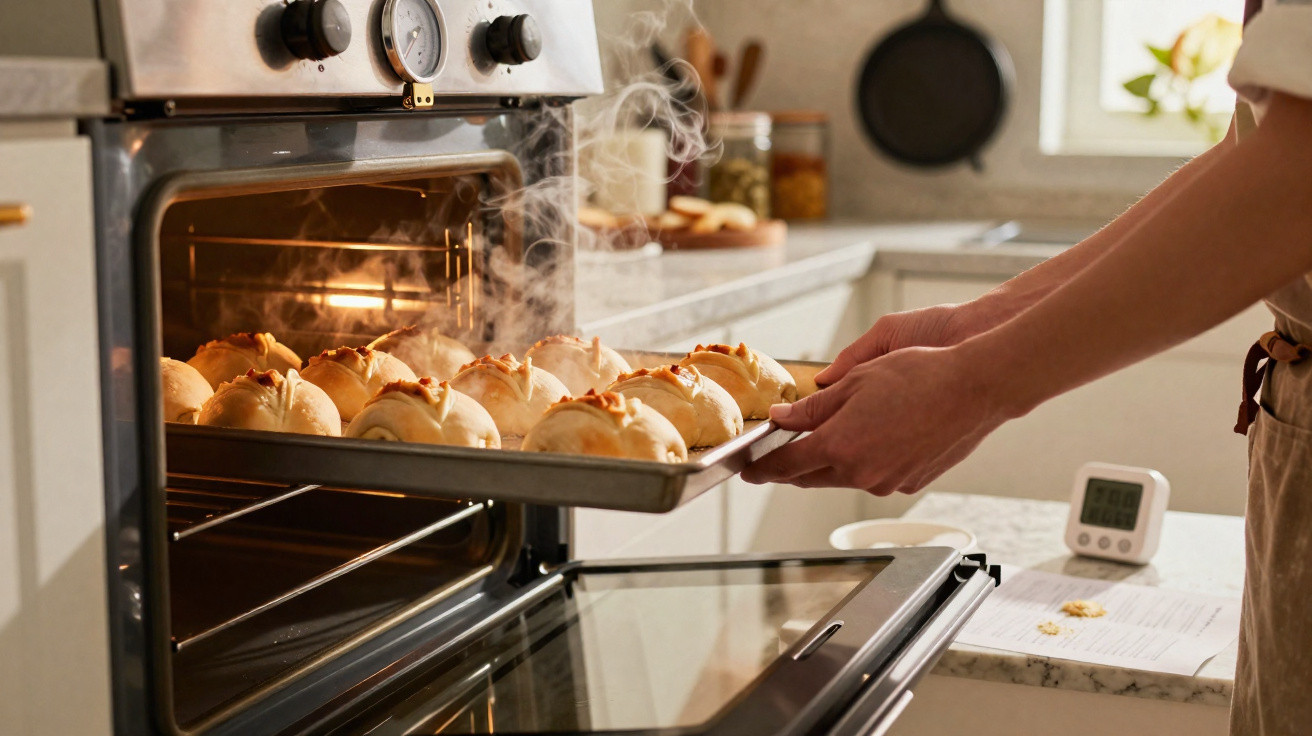 Person schiebt ein Backblech mit dampfenden Brötchen in einen Ofen in einer hellen Küche.
