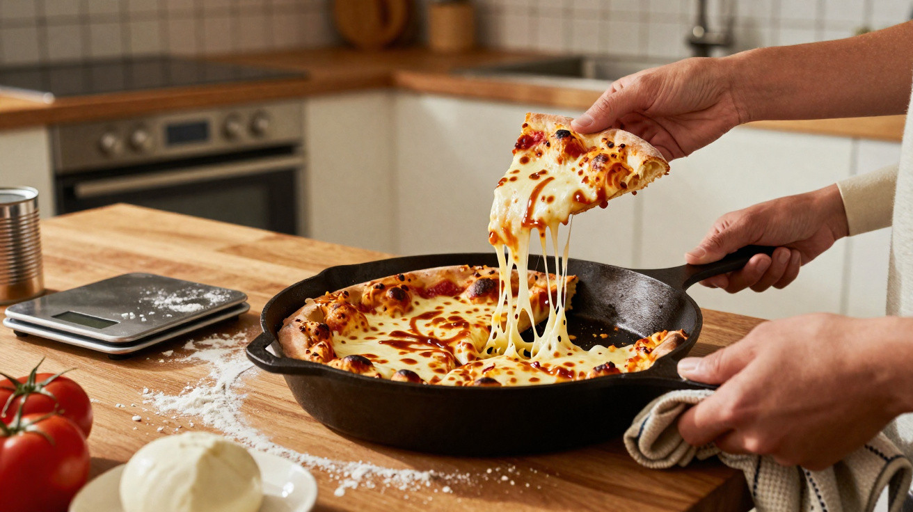 Person hebt ein Stück Käsepizza aus einer gusseisernen Pfanne in einer modernen Küche.
