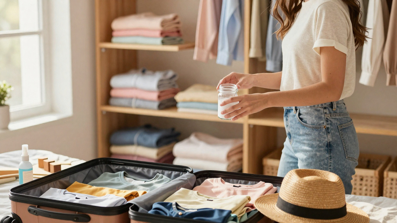 Frau packt Koffer mit Kleidung, neben ihr ein Strohhut, im Hintergrund Regale mit gefalteter Wäsche.