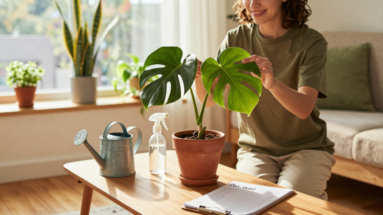 Frau pflegt eine Monstera-Pflanze auf einem Holztisch mit Gießkanne und Notizblock im Wohnzimmer.