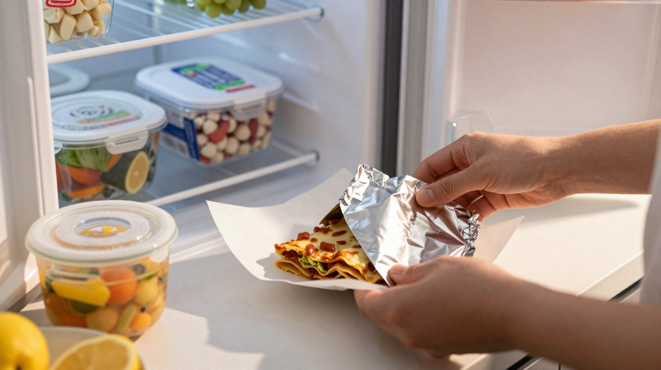 Person packt Lasagne in Aluminiumfolie vor offenem Kühlschrank in Küche ein