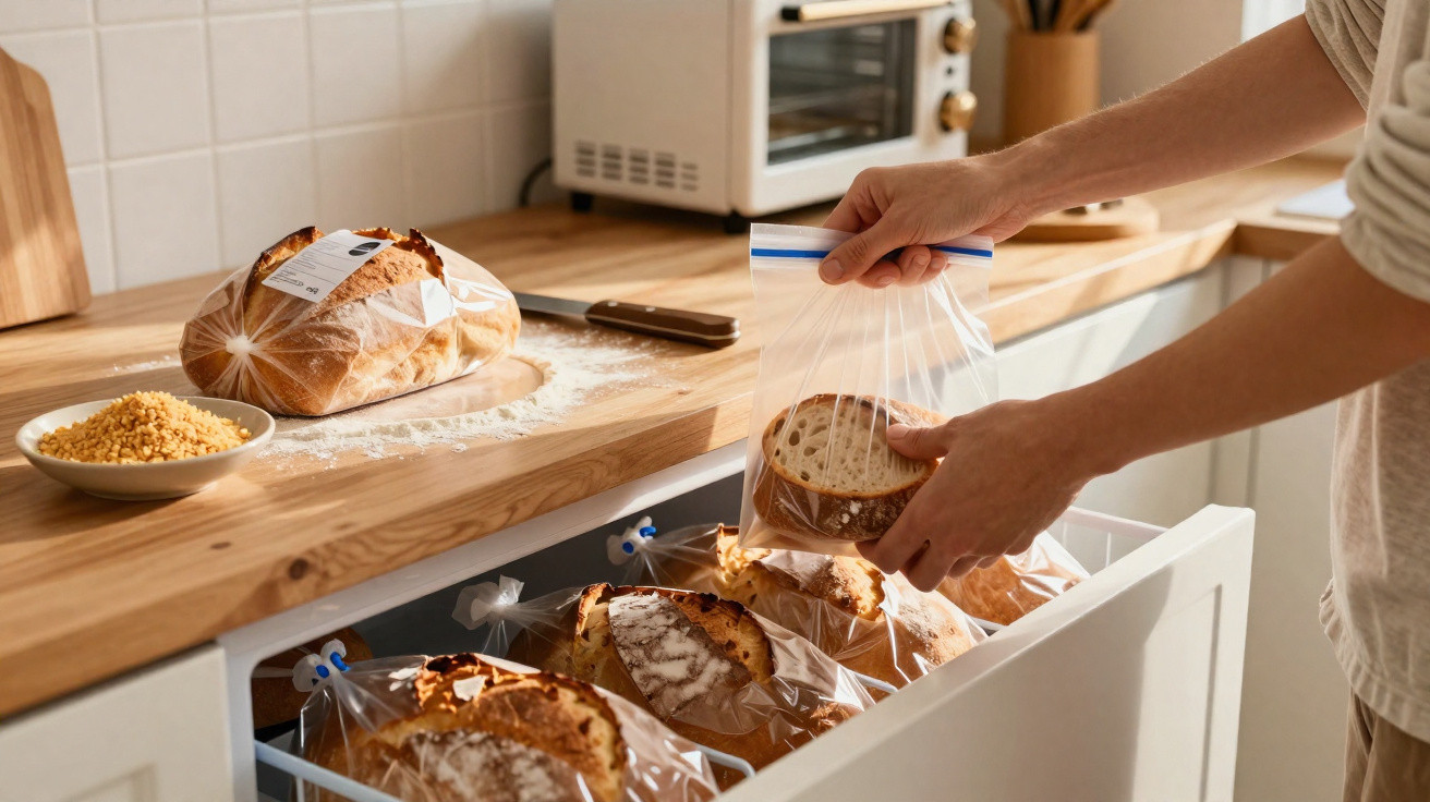 Person verpackt Brotscheiben in transparente Plastikbeutel in einer gut beleuchteten Küche.