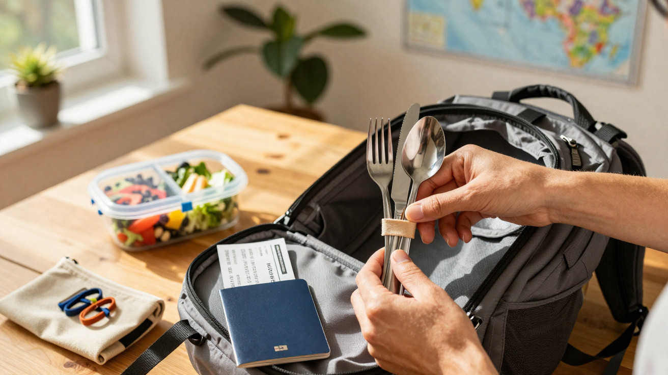 Person packt Besteck in grauen Rucksack, neben Anleitung, Reisepass und Dose mit Essen auf Holztisch.