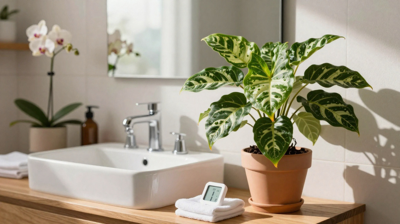 Blumentopf mit grüner Pflanze, weißes Waschbecken und Handtücher auf Holzwaschtisch im Badezimmer.