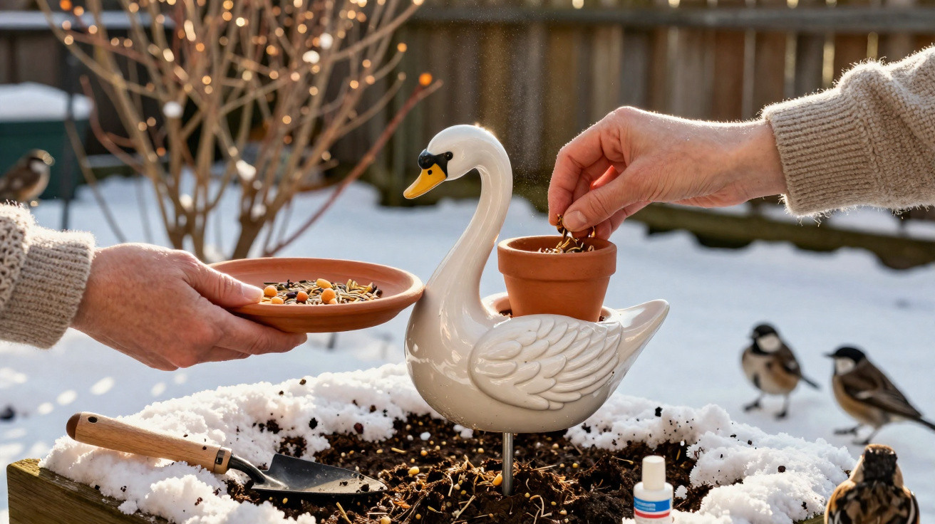 Zwei Hände füttern Vögel mit Samen auf einem verschneiten Beet neben einer weißen Schwan-Figur aus Keramik.