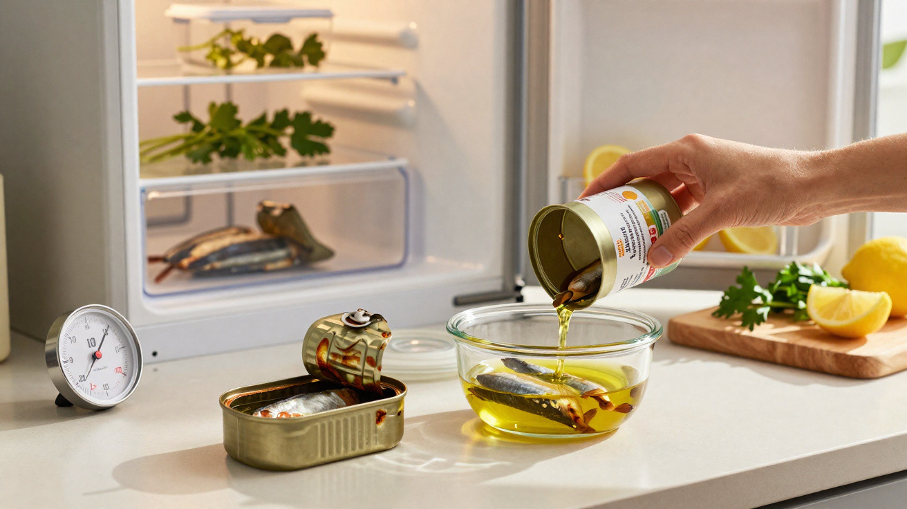 Hand gießt Öl aus Dose in Schüssel mit Fisch, geöffnete Fischdose, offener Kühlschrank, Zitrone und Kräuter im Hintergrund.