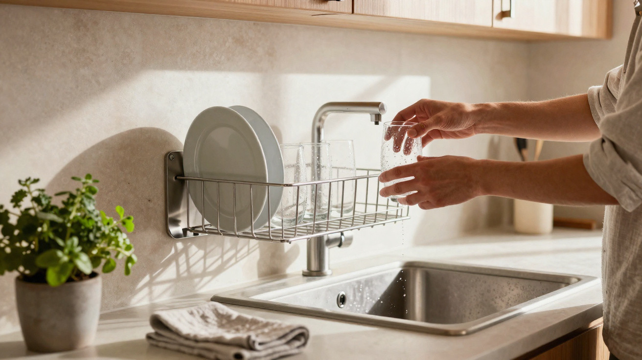 Person füllt ein Glas mit Wasser aus dem Wasserhahn über der Küchenspüle, daneben Abtropfgestell mit Geschirr.