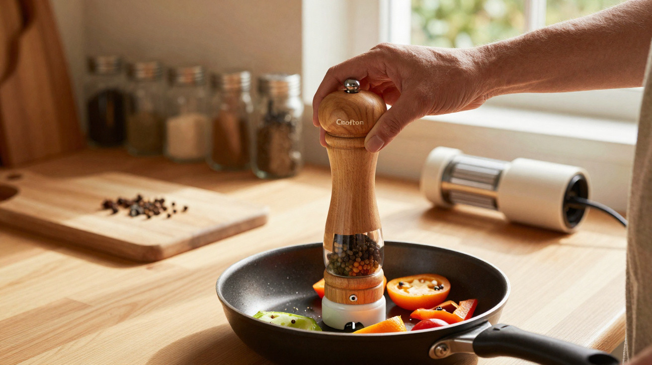 Hand mahlt Pfeffer über Paprika und Gemüse in einer Pfanne auf hellem Holzarbeitsplatz.