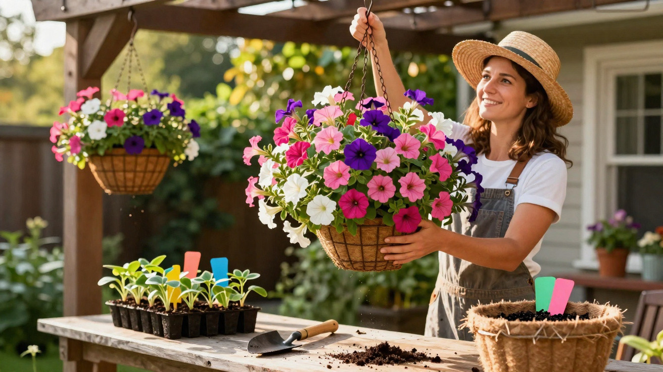Frau im Strohhut hängt Blumenkorb mit bunten Petunien auf einer Terrasse im Garten auf.