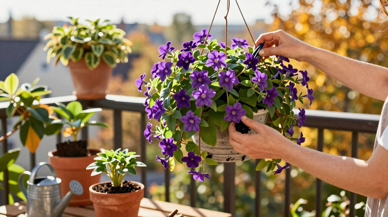 Person pflegt hängenden Blumentopf mit violetten Blumen auf sonnigem Balkon im Herbst.