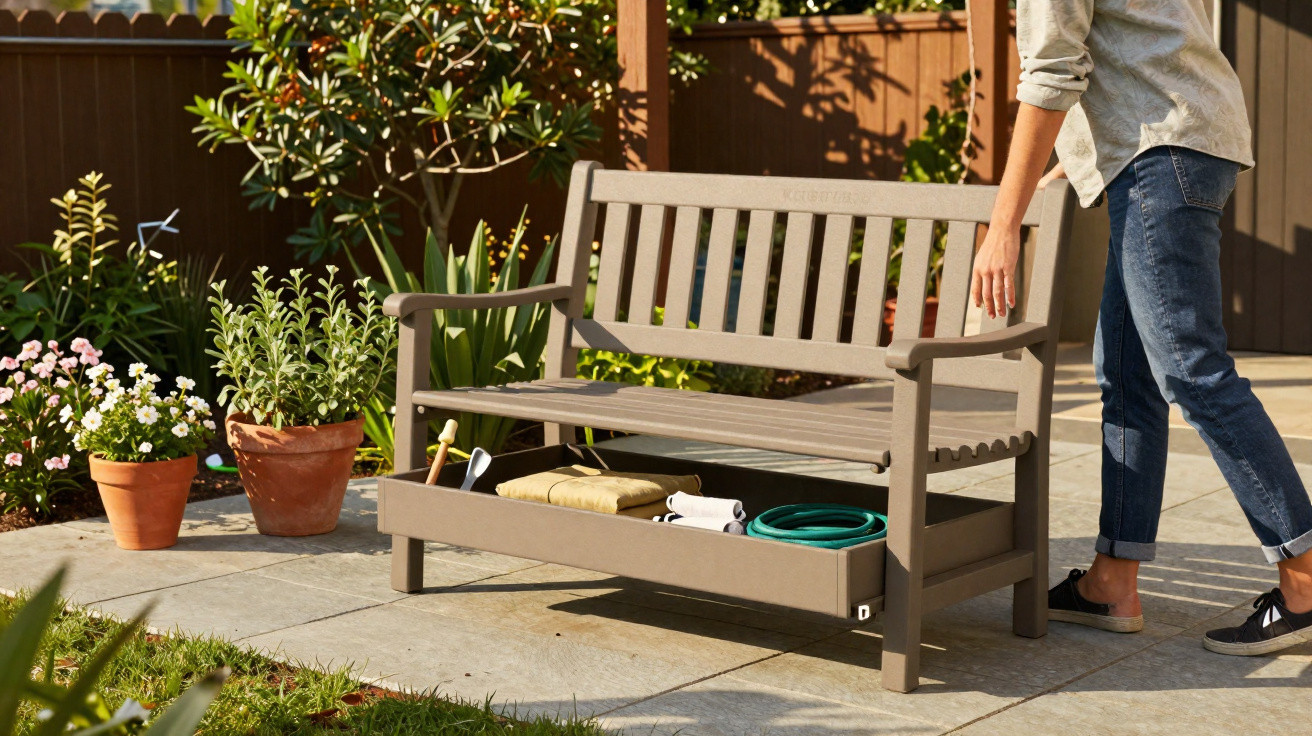Person öffnet Stauraum einer Gartenbank mit Gartengeräten und Sitzkissen auf Terrasse bei sonnigem Wetter.