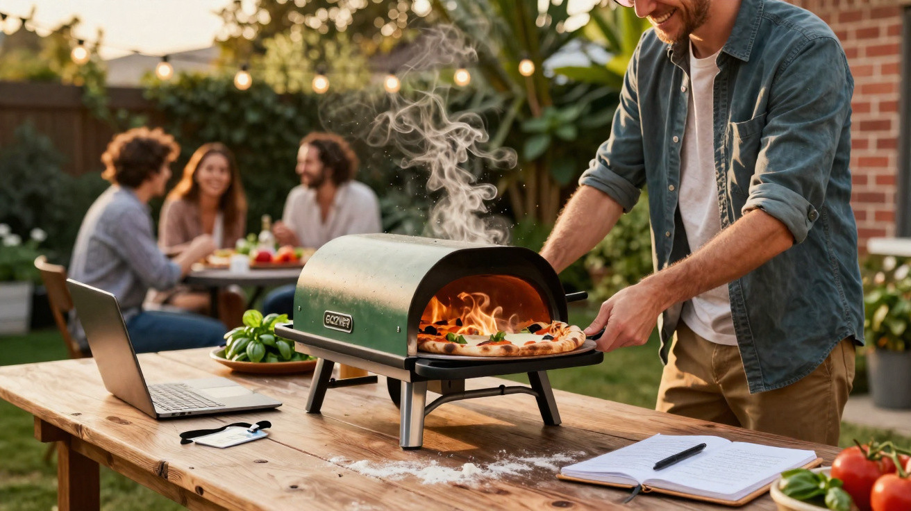Mann holt Pizza aus einem Holzofen im Garten, im Hintergrund sitzen drei Personen am Tisch.