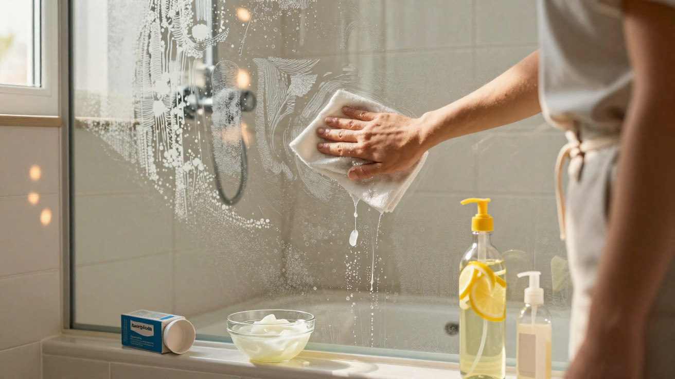 Hand wischt mit Tuch Seifenreste von beschlagener Duschglaswand im hellen Badezimmer.