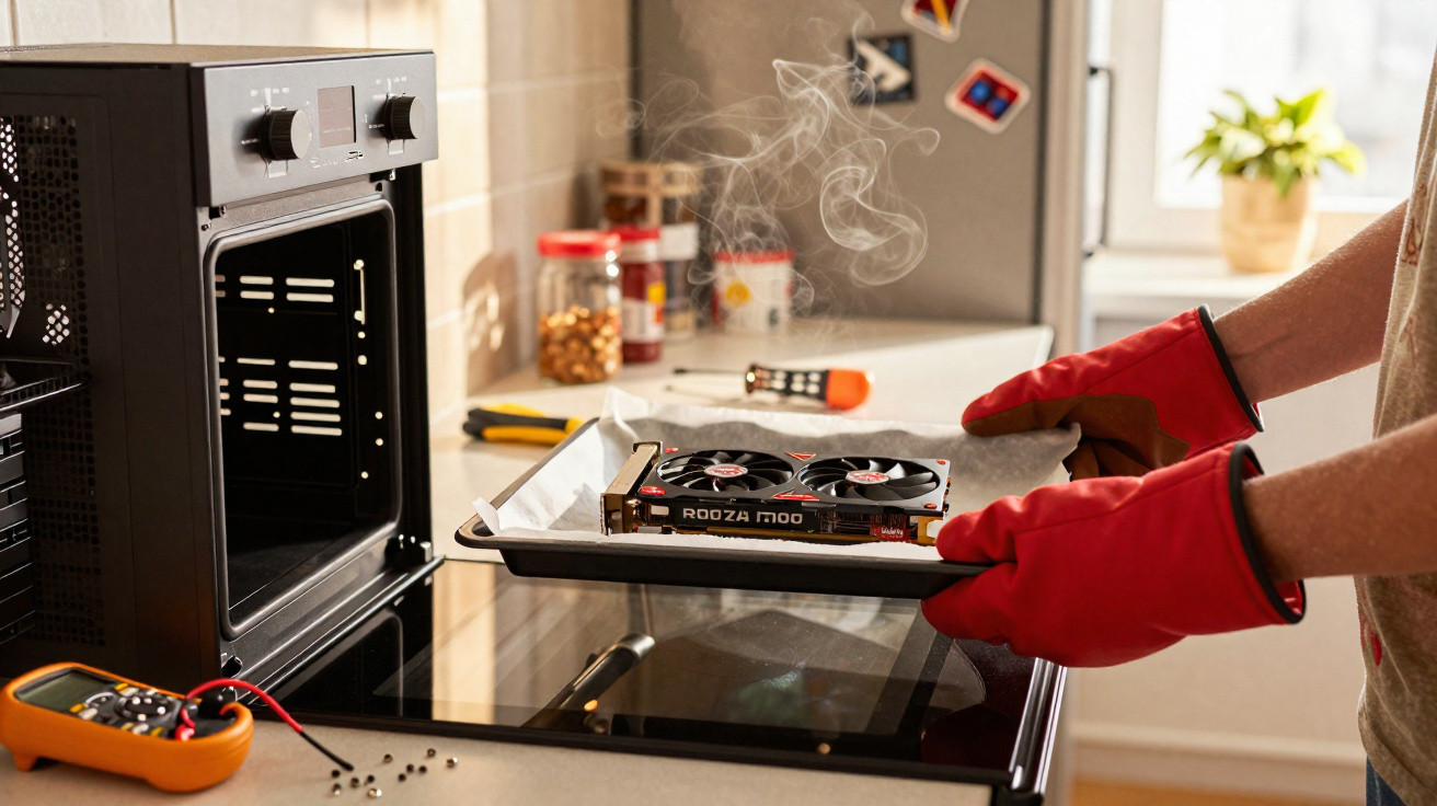 Person mit roten Handschuhen nimmt eine heiße Grafikkarte aus dem Backofen in einer Küche.