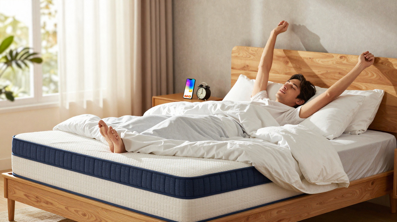 Junger Mann liegt streckend im Bett mit weißer Bettwäsche in hellem Schlafzimmer mit Wecker und Handy.