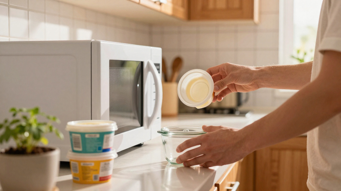 Person befüllt eine Glasschüssel in der Küche neben einer offenen Mikrowelle mit Lebensmittelbehältern.
