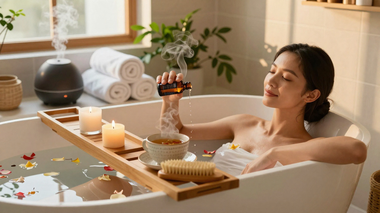 Frau entspannt in Badewanne mit Kerzen, Blumenblättern und Duftöl in einem gemütlichen Badezimmer.
