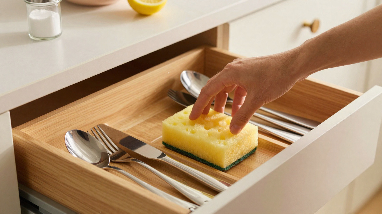 Hand greift Schwamm in Besteckschublade mit Löffeln, Gabeln und Messern in moderner Küche